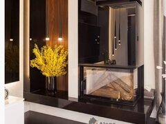 Semineu din fonta pe lemne Edna pe colt dreapta, cu 2 fete sticla laterale