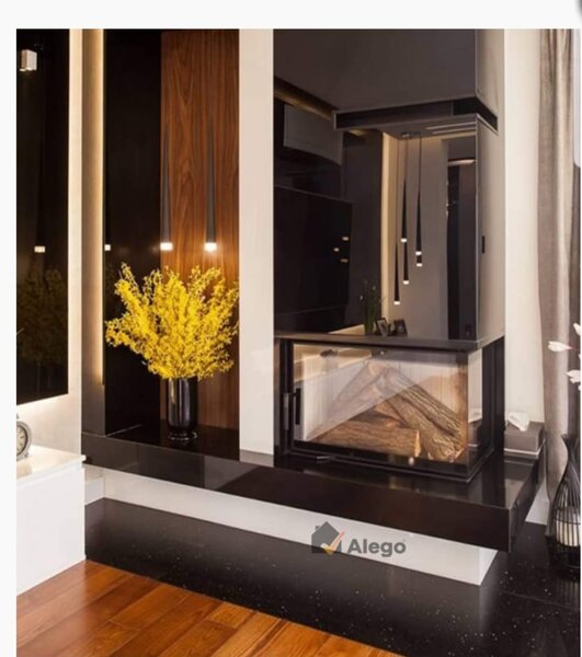 Semineu din fonta pe lemne Edna pe colt dreapta, cu 2 fete sticla laterale